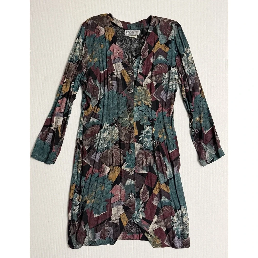Vintage La Belle Abstract Floral Rayon Dress Size 13 Ornate Silver Tone Buttons